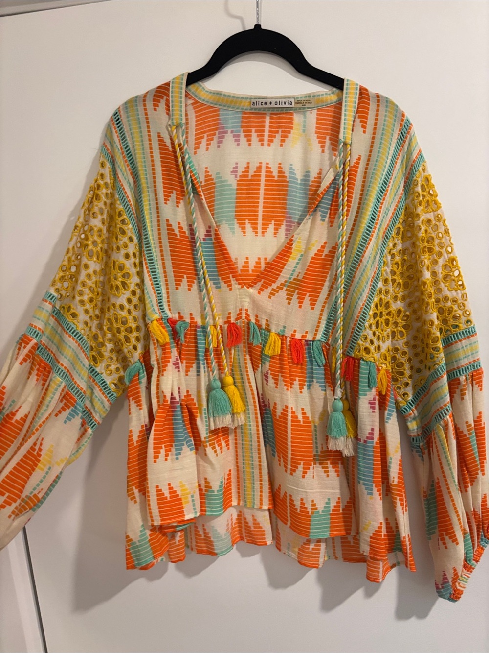 Alice + Olivia Orange, Yellow & Aqua Tassel Peasant Tunic Top